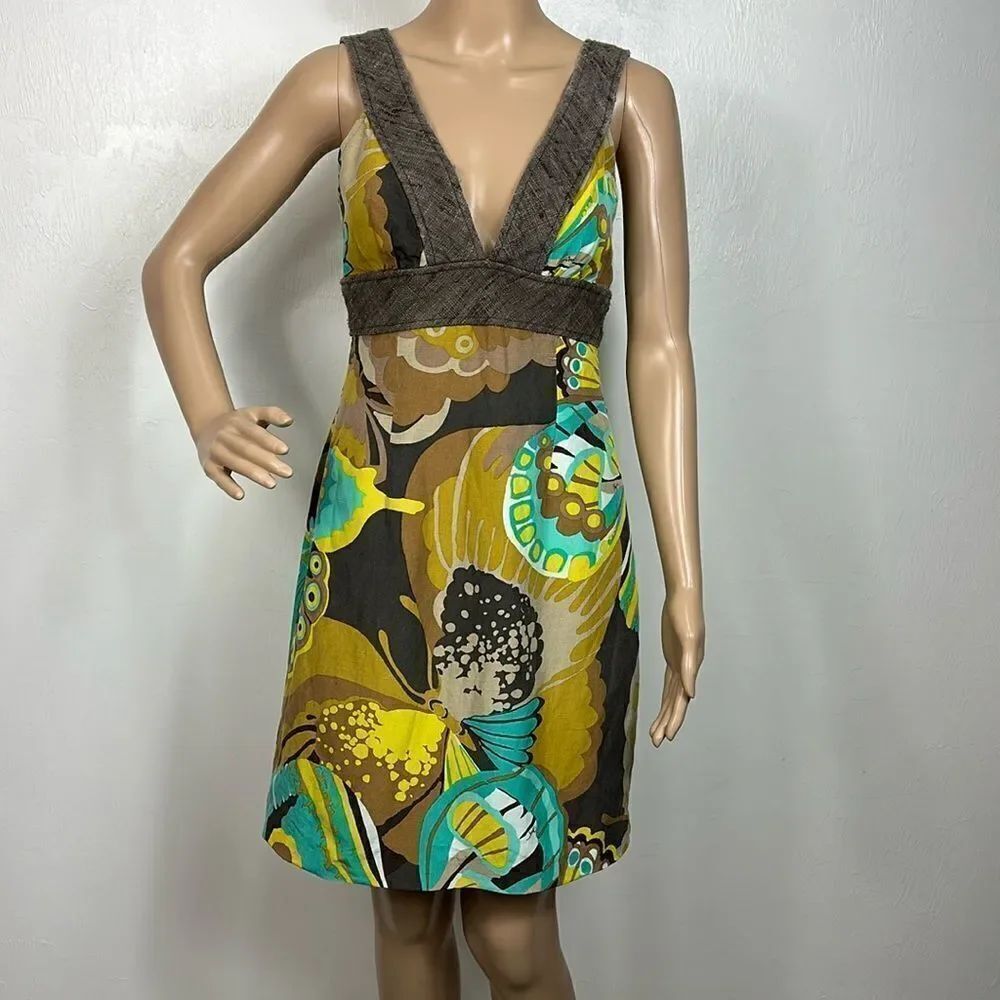 Trina Turk Sleeveless V-neck Silk Linen Blend Butterfly Print Mini Dress Size 4